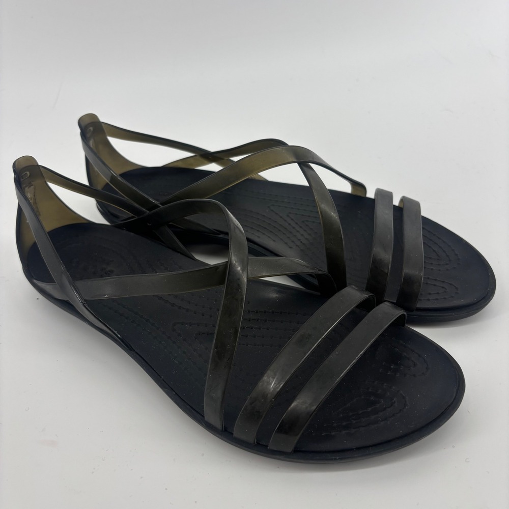 Crocs Isabella Strappy Sandals Black Translucent Huarache Flat Shoes Womens 8